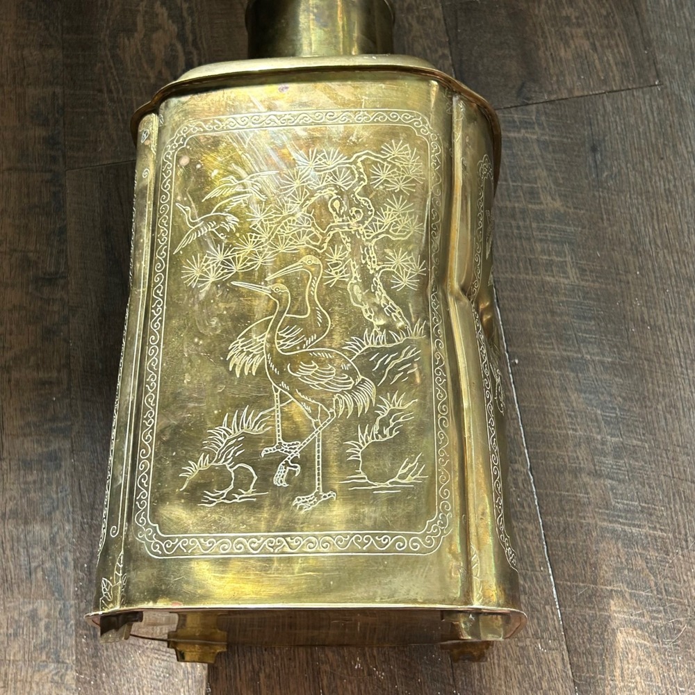 Vintage Large Etched Brass Chinoiserie Tea Caddy Canister Hong Kong Birds Bamboo - Picture 3 of 12